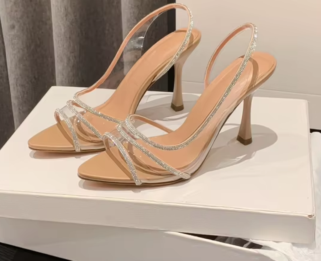 Ladies summer high-heeled pointed-toe sandals decorated with rhinestones open back