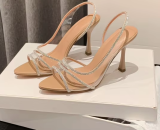 Ladies summer high-heeled pointed-toe sandals decorated with rhinestones open back transparent elegant